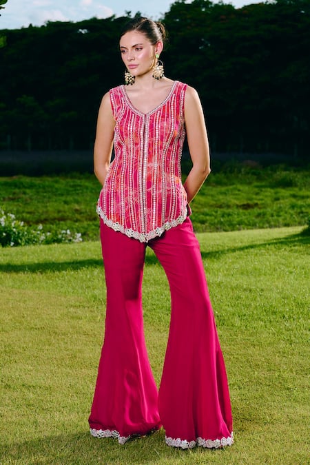 Charu And Vasundhara Asymmetric Mirror Work Kurta & Sharara Set 
