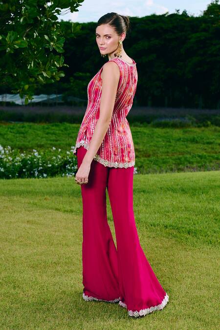 Charu And Vasundhara_Fuchsia Organza, Taffeta Mirrors, Asymmetric Work Kurta And Sharara Set _Online_at_Aza_Fashions