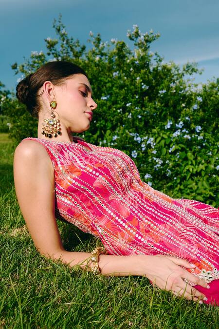 Shop_Charu And Vasundhara_Fuchsia Organza, Taffeta Mirrors, Asymmetric Work Kurta And Sharara Set _Online_at_Aza_Fashions