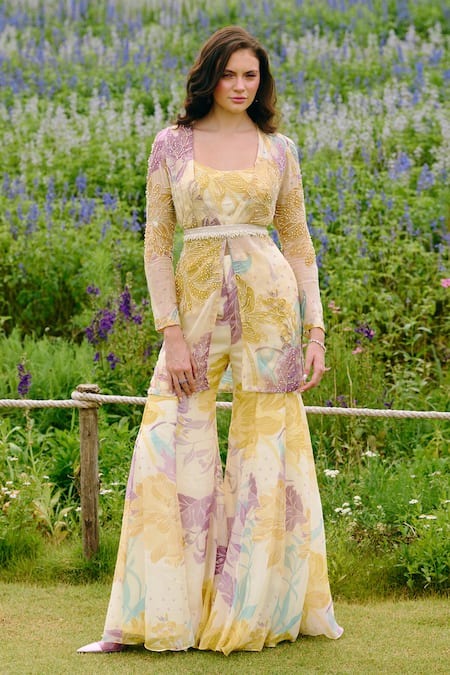 Shop_Charu And Vasundhara_Ivory Organza, Taffeta Embroidery Round Neck, Square Embellished Sharara Set _Online_at_Aza_Fashions