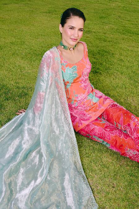 Buy_Charu And Vasundhara_Orange Crepe, Organza, Taffeta Embroidery Round Neck Floral Print Kurta Set  _Online_at_Aza_Fashions