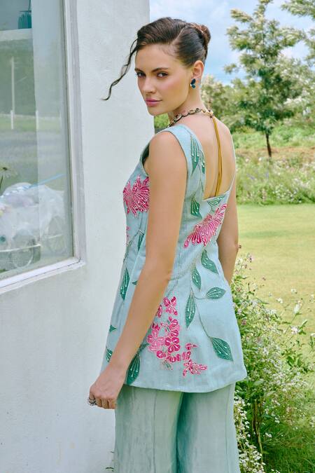 Charu And Vasundhara Aqua Organza, Taffeta, Tissue Sequins, Applique Square Blue Kurta And Sharara Set Online at Aza Fashions Charu And Vasundhara_Aqua Organza, Taffeta, Tissue Sequins, Applique Square Blue Kurta And Sharara Set _Online_at_Aza_Fashions