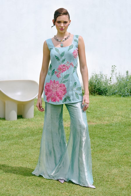 Charu And Vasundhara Aqua Blue Appliqued Kurta & Sharara Set 