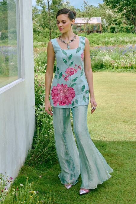 Shop Charu And Vasundhara Aqua Organza, Taffeta, Tissue Sequins, Applique Square Blue Kurta And Sharara Set Online at Aza Fashions Shop_Charu And Vasundhara_Aqua Organza, Taffeta, Tissue Sequins, Applique Square Blue Kurta And Sharara Set _Online_at_Aza_Fashions