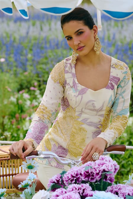 Charu And Vasundhara Ivory Organza, Taffeta Embroidery Scoop Neck Floral Kurta And Sharara Set Online at Aza Fashions Charu And Vasundhara_Ivory Organza, Taffeta Embroidery Scoop Neck Floral Kurta And Sharara Set _Online_at_Aza_Fashions