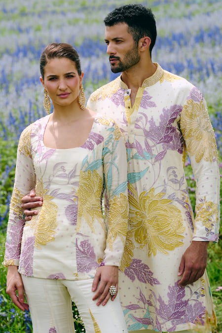 Buy Charu And Vasundhara Ivory Organza, Taffeta Embroidery Scoop Neck Floral Kurta And Sharara Set Online at Aza Fashions Buy_Charu And Vasundhara_Ivory Organza, Taffeta Embroidery Scoop Neck Floral Kurta And Sharara Set _Online_at_Aza_Fashions