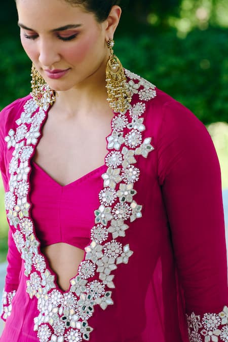 Charu And Vasundhara_Fuchsia Organza, Silk, Taffeta Embroidery, Mirrors Fuschia Hand Kurta Set _Online_at_Aza_Fashions