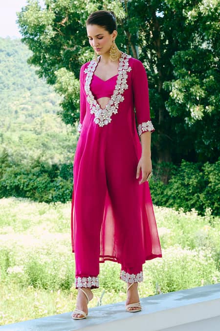 Buy_Charu And Vasundhara_Fuchsia Organza, Silk, Taffeta Embroidery, Mirrors Fuschia Hand Kurta Set _Online_at_Aza_Fashions