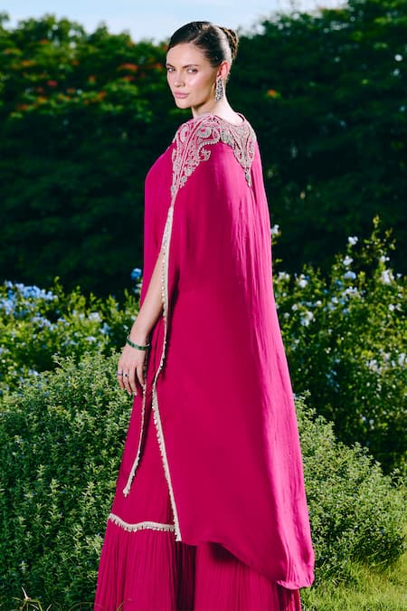 Charu And Vasundhara Embroidered Fuschia Kurta & Sharara Set 