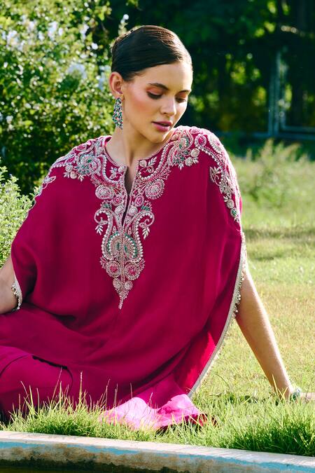 Charu And Vasundhara_Fuchsia Organza, Chiffon, Taffeta Embroidery Round Fuschia Kurta And Sharara Set _Online_at_Aza_Fashions