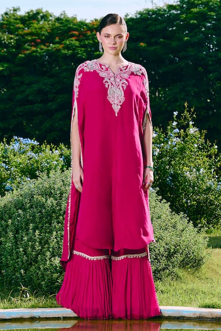 Charu And Vasundhara Embroidered Fuschia Kurta & Sharara Set 