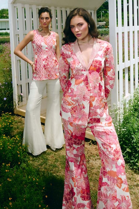 Charu And Vasundhara_Pink Crepe, Taffeta Embroidery Floral Blazer And Flared Pants _Online_at_Aza_Fashions