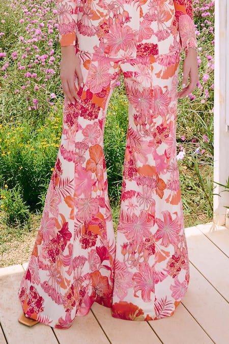 Buy_Charu And Vasundhara_Pink Crepe, Taffeta Embroidery Floral Blazer And Flared Pants _Online_at_Aza_Fashions