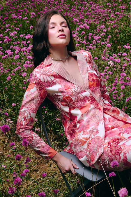 Shop_Charu And Vasundhara_Pink Crepe, Taffeta Embroidery Floral Blazer And Flared Pants _Online_at_Aza_Fashions
