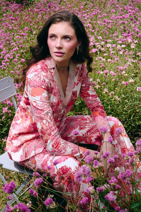 Charu And Vasundhara_Pink Crepe, Taffeta Embroidery Floral Blazer And Flared Pants _at_Aza_Fashions