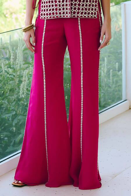 Charu And Vasundhara_Fuchsia Silk, Organza, Net, Taffeta Fuschia Criss-cross Tie Jacket And Pant Set _Online_at_Aza_Fashions