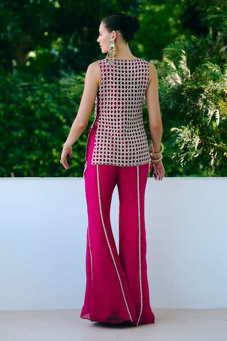 Charu And Vasundhara Fuschia Criss-Cross Tie Jacket & Pant Set 