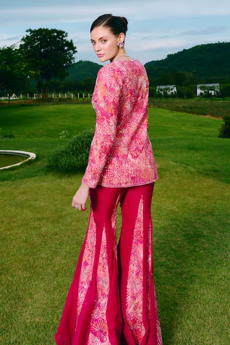 Buy_Charu And Vasundhara_Fuchsia Crepe, Organza, Taffeta Embroidery Floral Blazer And Sharara Set _Online_at_Aza_Fashions