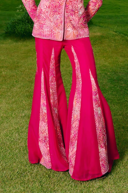 Charu And Vasundhara_Fuchsia Crepe, Organza, Taffeta Embroidery Floral Blazer And Sharara Set _at_Aza_Fashions
