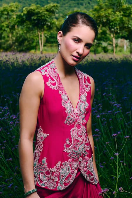 Charu And Vasundhara Fuchsia Organza, Silk, Taffeta Embroidery Fuschia Paisley Jacket And Skirt Set Online at Aza Fashions Charu And Vasundhara_Fuchsia Organza, Silk, Taffeta Embroidery Fuschia Paisley Jacket And Skirt Set _Online_at_Aza_Fashions