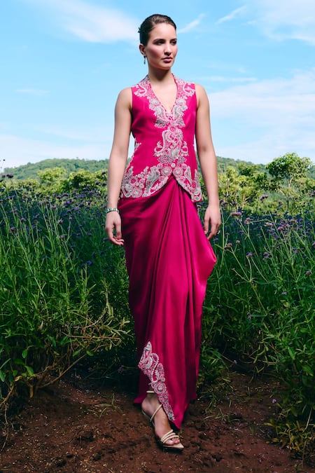 Charu And Vasundhara Fuschia Paisley Embroidered Jacket & Skirt Set 