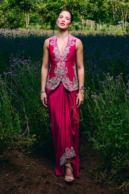 Charu And Vasundhara Fuschia Paisley Embroidered Jacket & Skirt Set 