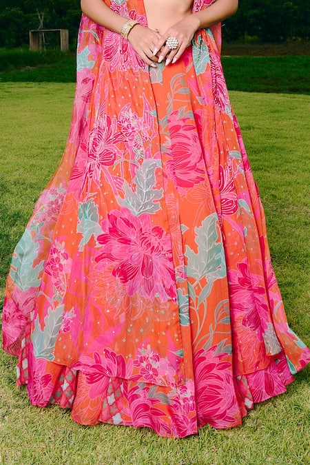 Charu And Vasundhara_Orange Organza, Taffeta Embroidery Round Neck, Square Floral Cape And Lehenga Set _Online_at_Aza_Fashions