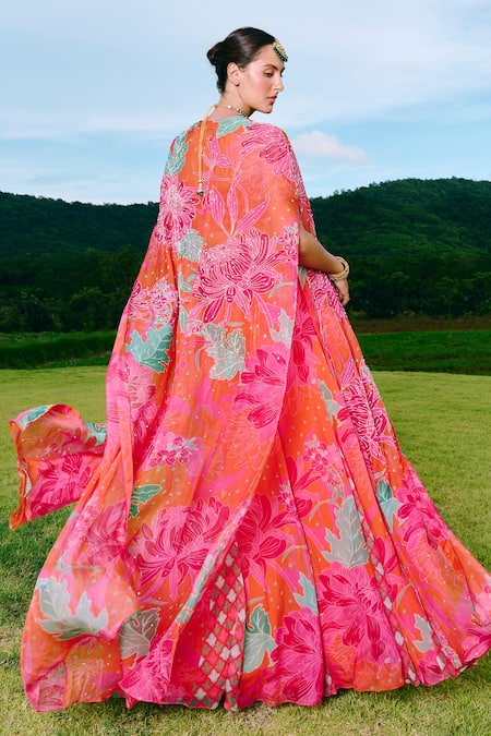 Charu And Vasundhara Floral Embroidered Cape & Lehenga Set 