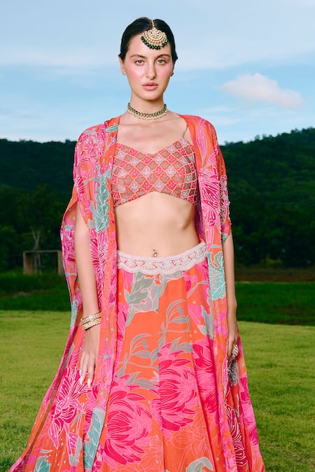 Buy_Charu And Vasundhara_Orange Organza, Taffeta Embroidery Round Neck, Square Floral Cape And Lehenga Set _Online_at_Aza_Fashions