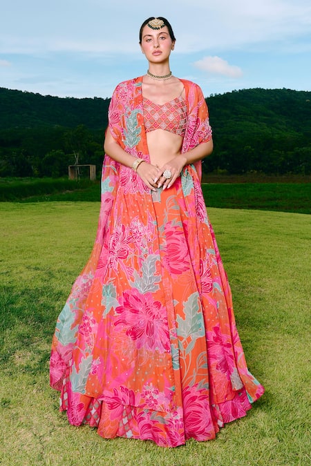 Charu And Vasundhara Floral Embroidered Cape & Lehenga Set 
