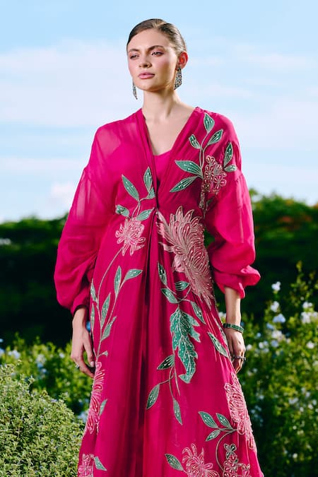 Charu And Vasundhara Fuchsia Organza, Silk, Taffeta Applique, Fuschia Floral Long Jacket Set Online at Aza Fashions Charu And Vasundhara_Fuchsia Organza, Silk, Taffeta Applique, Fuschia Floral Long Jacket Set _Online_at_Aza_Fashions