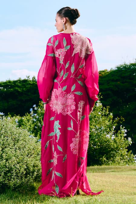 Charu And Vasundhara Fuschia Floral Applique Long Jacket Set 