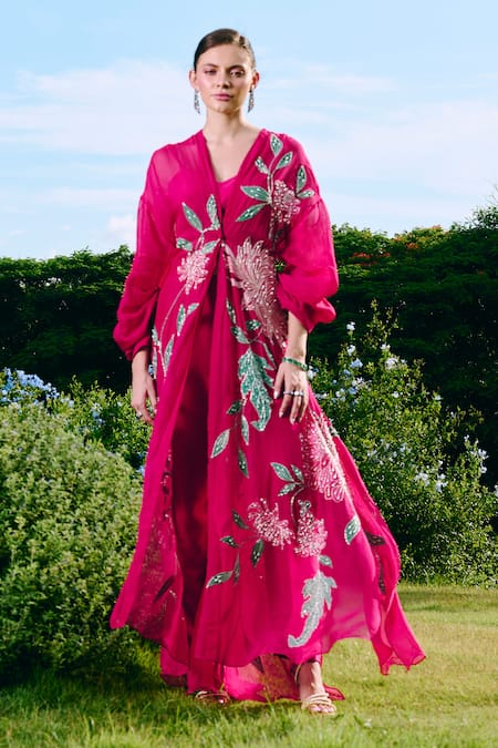 Buy Charu And Vasundhara Fuchsia Organza, Silk, Taffeta Applique, Fuschia Floral Long Jacket Set Online at Aza Fashions Buy_Charu And Vasundhara_Fuchsia Organza, Silk, Taffeta Applique, Fuschia Floral Long Jacket Set _Online_at_Aza_Fashions