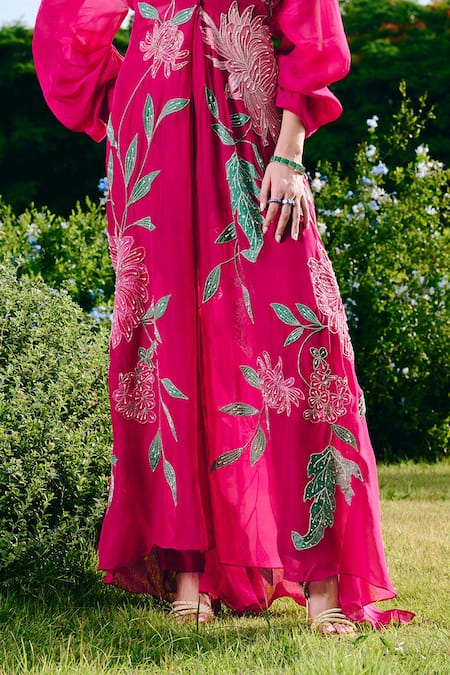 Shop Charu And Vasundhara Fuchsia Organza, Silk, Taffeta Applique, Fuschia Floral Long Jacket Set Online at Aza Fashions Shop_Charu And Vasundhara_Fuchsia Organza, Silk, Taffeta Applique, Fuschia Floral Long Jacket Set _Online_at_Aza_Fashions