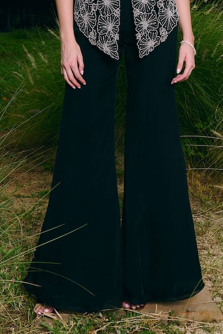 Charu And Vasundhara_Black Silk, Organza, Taffeta Embroidery V-neck Cutwork Jacket And Sharara Set _Online_at_Aza_Fashions