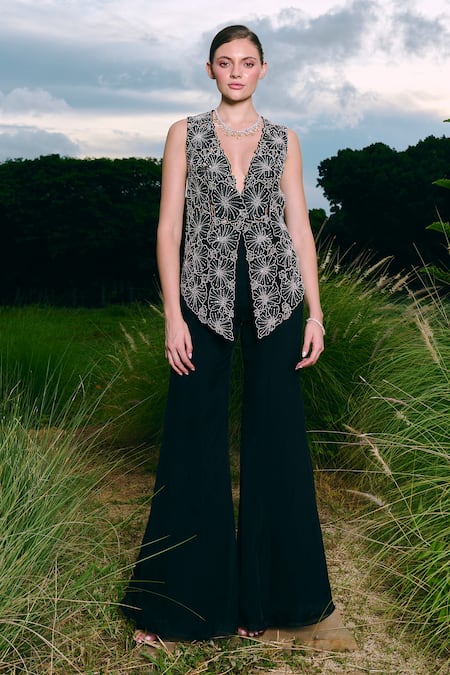 Shop_Charu And Vasundhara_Black Silk, Organza, Taffeta Embroidery V-neck Cutwork Jacket And Sharara Set _Online_at_Aza_Fashions