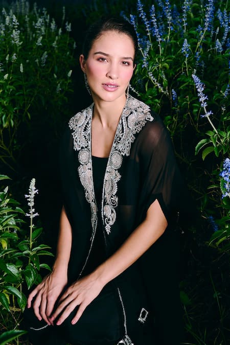 Charu And Vasundhara Black Organza, Silk, Taffeta Embroidery Round Neck Cape Set Online at Aza Fashions Charu And Vasundhara_Black Organza, Silk, Taffeta Embroidery Round Neck Cape Set _Online_at_Aza_Fashions