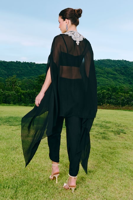 Buy Charu And Vasundhara Black Organza, Silk, Taffeta Embroidery Round Neck Cape Set Online at Aza Fashions Buy_Charu And Vasundhara_Black Organza, Silk, Taffeta Embroidery Round Neck Cape Set _Online_at_Aza_Fashions