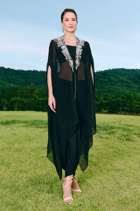 Shop Charu And Vasundhara Black Organza, Silk, Taffeta Embroidery Round Neck Cape Set Online at Aza Fashions Shop_Charu And Vasundhara_Black Organza, Silk, Taffeta Embroidery Round Neck Cape Set _Online_at_Aza_Fashions