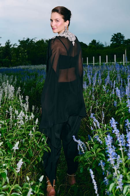 Charu And Vasundhara Black Organza, Silk, Taffeta Embroidery Round Neck Cape Set at Aza Fashions Charu And Vasundhara_Black Organza, Silk, Taffeta Embroidery Round Neck Cape Set _at_Aza_Fashions