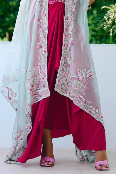 Charu And Vasundhara_Fuchsia Silk, Taffeta, Tissue Embroidery V-, Open Fuschia Paisley Set _Online_at_Aza_Fashions