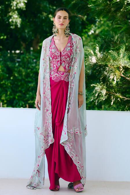 Buy_Charu And Vasundhara_Fuchsia Silk, Taffeta, Tissue Embroidery V-, Open Fuschia Paisley Set _Online_at_Aza_Fashions