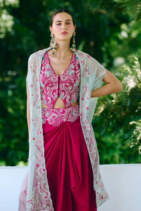 Shop_Charu And Vasundhara_Fuchsia Silk, Taffeta, Tissue Embroidery V-, Open Fuschia Paisley Set _Online_at_Aza_Fashions