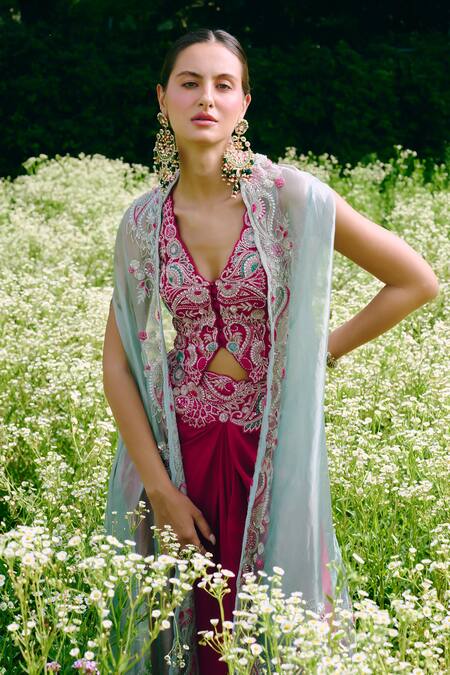 Charu And Vasundhara_Fuchsia Silk, Taffeta, Tissue Embroidery V-, Open Fuschia Paisley Set _at_Aza_Fashions