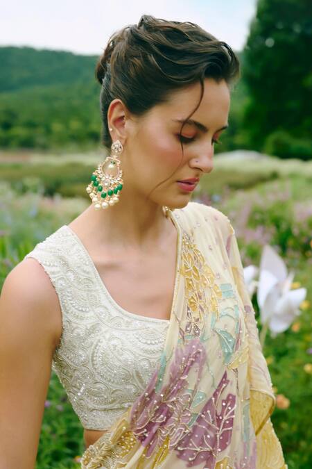 Charu And Vasundhara Ivory Organza, Silk, Taffeta Sequins, Floral Embroidered Pre-draped Saree Set Online at Aza Fashions Charu And Vasundhara_Ivory Organza, Silk, Taffeta Sequins, Floral Embroidered Pre-draped Saree Set _Online_at_Aza_Fashions