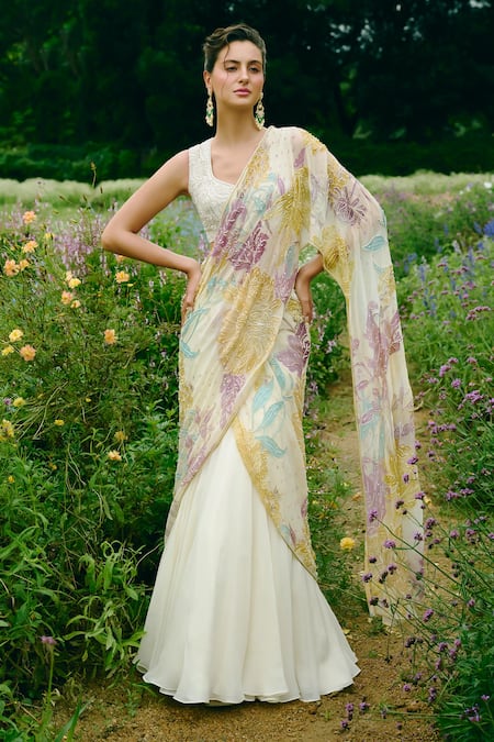 Shop Charu And Vasundhara Ivory Organza, Silk, Taffeta Sequins, Floral Embroidered Pre-draped Saree Set Online at Aza Fashions Shop_Charu And Vasundhara_Ivory Organza, Silk, Taffeta Sequins, Floral Embroidered Pre-draped Saree Set _Online_at_Aza_Fashions