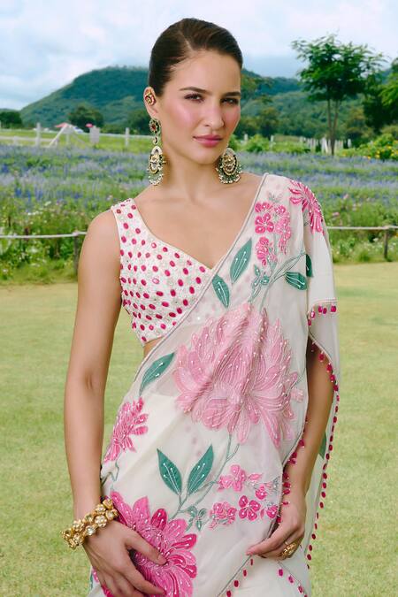 Charu And Vasundhara_Ivory Chiffon, Appliqued Embroidered Pre Draped Lehenga Saree With Blouse _Online_at_Aza_Fashions