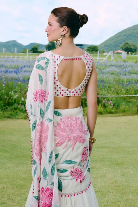 Buy_Charu And Vasundhara_Ivory Chiffon, Appliqued Embroidered Pre Draped Lehenga Saree With Blouse _Online_at_Aza_Fashions