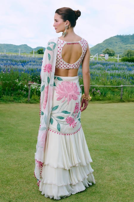 Charu And Vasundhara Appliquéd Embroidered Pre-Draped Lehenga Saree With Blouse 
