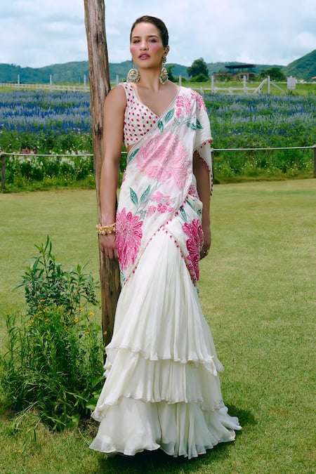 Charu And Vasundhara Appliquéd Embroidered Pre-Draped Lehenga Saree With Blouse 